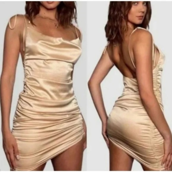 NWT LEAU Satin Champagne Drawstring Mini Dress - Picture 1 of 8